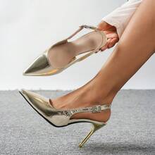 2026 New Fashion Solid Color Sexy PU Leather Buckle Glossy Elegant Thin High Heel Pointed Toe Shallow Backless Pumps For All Seasons And Holidays - Gold - View 3