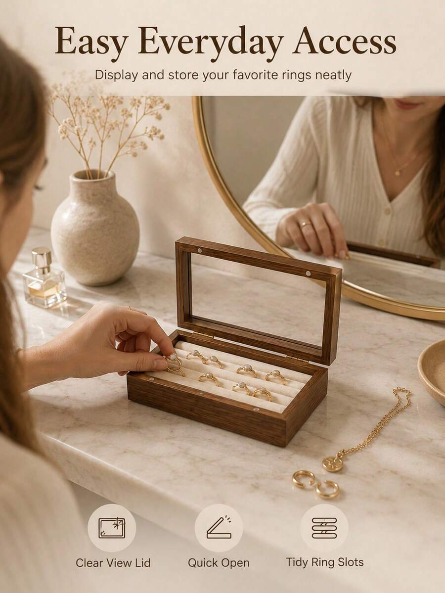 1PC Jewelry Organizer Box For Women, Brown Wood Grain Jewelry Storage Case With Clear Display Lid & Magnetic Closure, Multi-Slot Ring Earring Holder For Vanity Dresser Bedroom Home Decor Gift - Multicolor - View 1