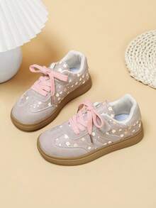 Girls' Floral Casual Training Sneakers, Light Gray Floral Upper With Pink Shoelaces, Hook And Loop Closure For Easy On And Off, Non-Slip Rubber Thick Sole, Versatile School Shoes - Pink - View 4
