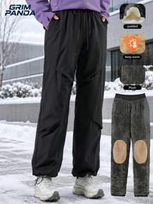 GRIM PANDA Women's Winter Fleece Lined Straight Leg Ski Pants, Elastic Drawstring Waist Thickened Warm Long Pants, Suitable For Outdoor Cold Weather Skiing, Camping, Hiking - Black - View 7