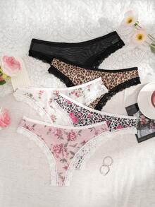 5pcs/Pack Women's Floral & Leopard Print Sexy Comfortable Triangle Panties - Multicolor - View 3