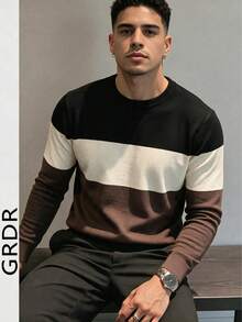 GRDR Men's New Colorblock Striped Crew Neck Long Sleeve Knit Top - Casual Daily Commute - Brown - View 1