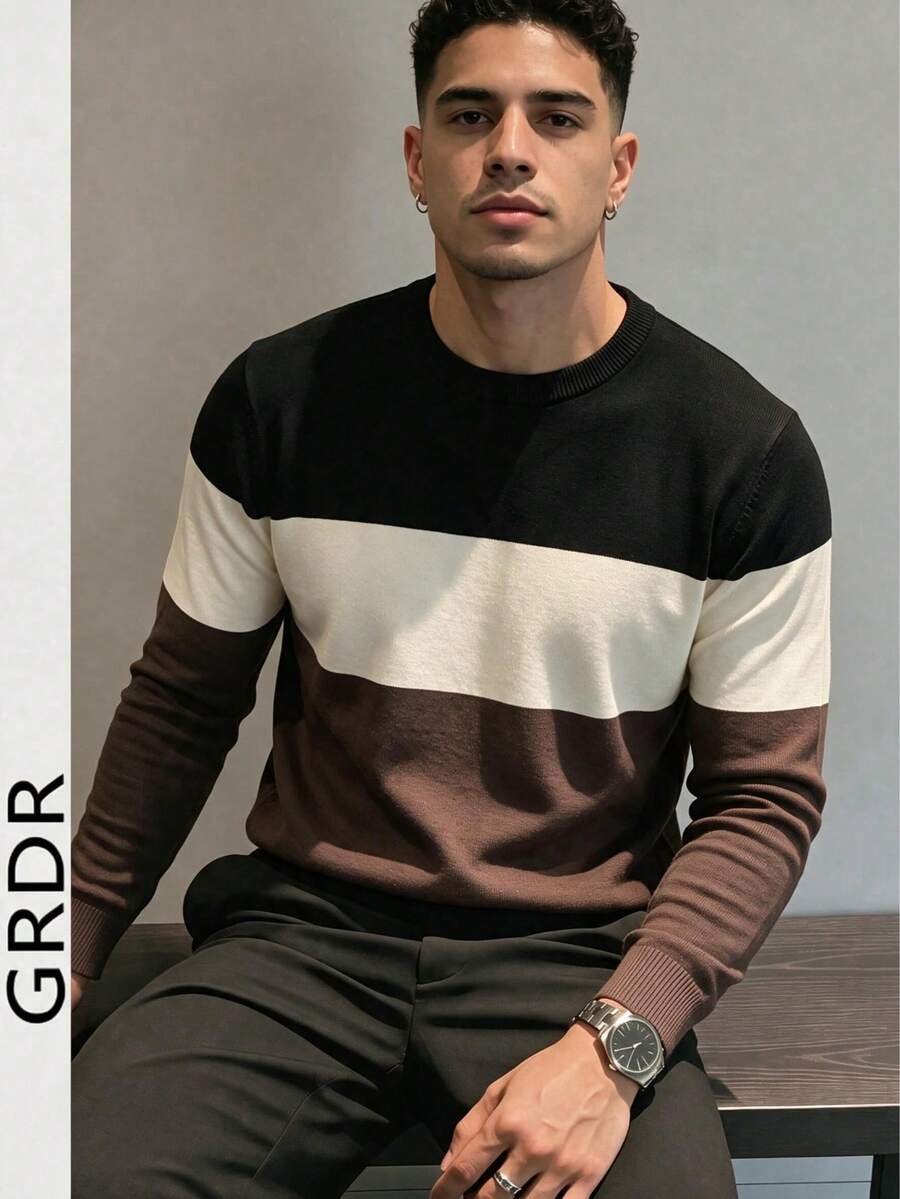 GRDR Men's New Colorblock Striped Crew Neck Long Sleeve Knit Top - Casual Daily Commute - Brown - View 1