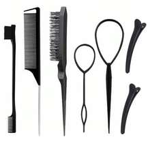 5/7pcs Comb Set, Styling Comb Set, Teasing Comb, Rat Tail Comb, Edge Brush For Edge And Back Grooming, Detangling, Smoothing Hair, Combs, Hair Clips, Braiding Tools, Hair Products And Accessories, Suitable For Hair Salon, Beauty, Travel Essentials, Back To School, Travel And Vacation Essentials - 7-piece Set Black - View 1