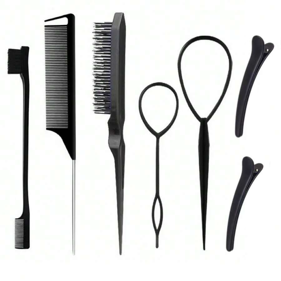 5/7pcs Comb Set, Styling Comb Set, Teasing Comb, Rat Tail Comb, Edge Brush For Edge And Back Grooming, Detangling, Smoothing Hair, Combs, Hair Clips, Braiding Tools, Hair Products And Accessories, Suitable For Hair Salon, Beauty, Travel Essentials, Back To School, Travel And Vacation Essentials - 7-piece Set Black - View 1