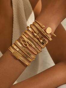 12pcs/Set Fashion Versatile Multi-Element Design Metal Bracelet Set, Includes Geometric Patterns, Tassels, Hearts And Other Elements Women's Stackable Bracelets, Suitable For Holidays, Parties, Dates, Gifts And Daily Wear. - Gold 12pcs - View 1