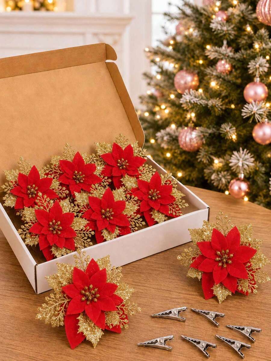 12/6 قطع زهور عيد الميلاد الاصطناعية باللون الأحمر والذهبي مع مشابك وترتر، مناسبة لأكاليل DIY، حفلات الشتاء، ديكور شجرة عيد الميلاد وديكور حفلات عيد الميلاد