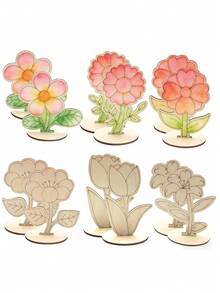 6/12pcs DIY 3D Wooden Flower Spring Art, Includes Unfinished Painted Wooden Flowers, Colorful Rhinestones, 12 Colored Pens, Painting Tools, Desktop Decoration, Suitable For Home Office, Wedding, Mother's Day Gift - Apricot - View 10