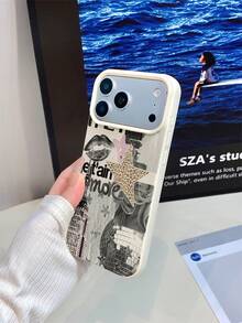 1pc White Matte Minimalist Lens Protection English Star & Lips Pattern Phone Case, Personalized Compatible With Iphone 16 Pro Max/17/16/15/14/13/12/11/Air And Series - Multicolor - View 2