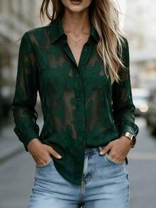 Women's Pure Green Sheer Embroidered Shirt, Collared Long Sleeve Button Front Blouse For Business, Office, Commute, Holiday, Daily, Spring Fall Winter - Dark Green - View 4