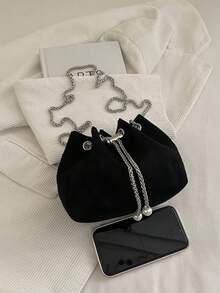 1pc Black Solid Color Faux Suede Bucket Bag Women's Crossbody Bag - Black - View 4