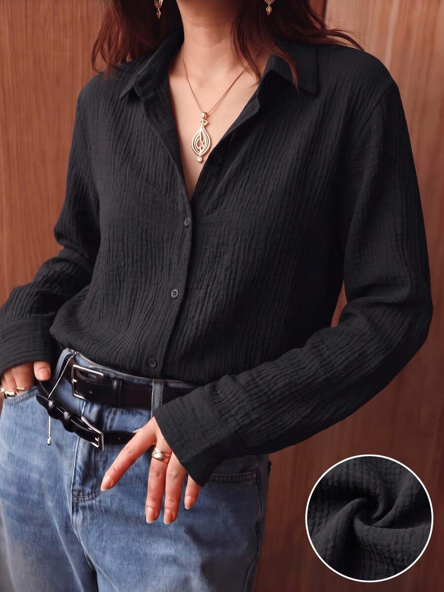 Kemeja Lengan Panjang Hitam Ukuran Besar Wanita, Panjang Standar, Cocok untuk Musim Gugur/Dingin, Tidak Melar, Nyaman - Hitam - View 1