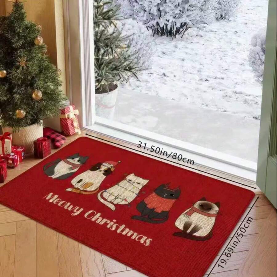 Lpc Creative Cat Christmas Doormat With "MeowyChristmas" Pattern, Entrance Non-Slip Mat, Soft AndAbsorbent Bathroom Anti-Slip Mat, Christmas KitchenHome Decor Rug, Suitable For Indoor And OutdoorDoorways, Decorative Entrance Mat - E - View 1