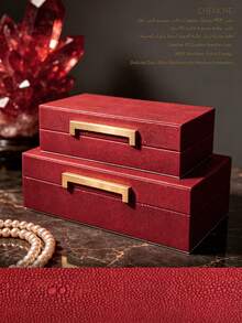 Juego de 2 cajas de joyas de gran capacidad de cuero PU con asa, organizador de joyas rectangular de piel de tiburón negro, caja de almacenamiento de tocador para decoración de habitación y regalo - Rojo - Ver 8