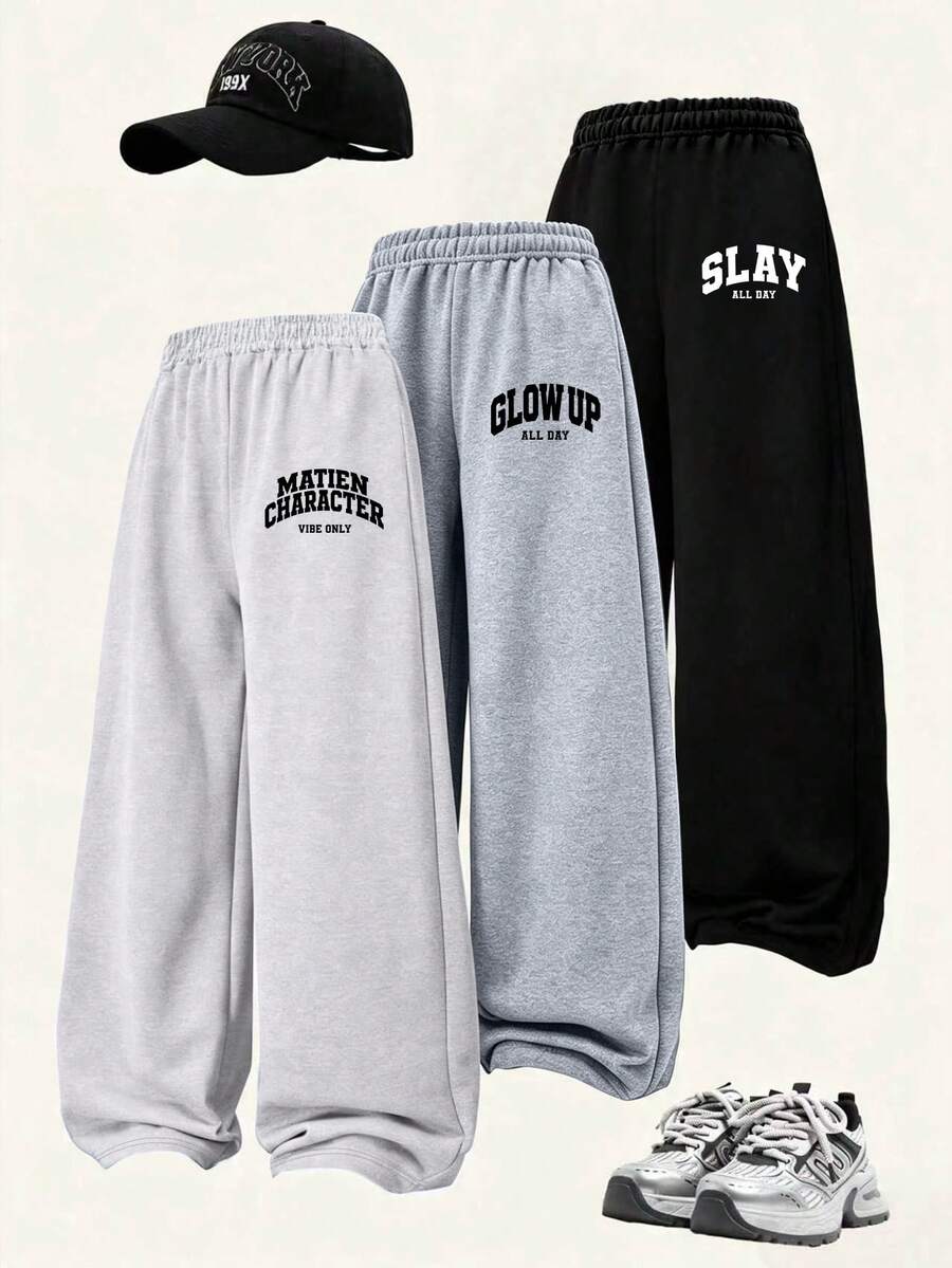 3pcs/Set Girls Slogan Print Casual Wide Leg Pants, Loose Wide Leg Design, Soft And Comfortable, Suitable For Daily Wear - Multicolor - View 1