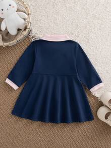 Baby Girl Autumn/Winter Versatile Simple Cute Preppy Style Polo Collar Royal Blue Pink Bow Embroidery Pattern Long Sleeve Dress - Royal Blue - View 2