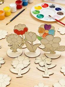 6/12pcs DIY 3D Wooden Flower Spring Art, Includes Unfinished Painted Wooden Flowers, Colorful Rhinestones, 12 Colored Pens, Painting Tools, Desktop Decoration, Suitable For Home Office, Wedding, Mother's Day Gift - Apricot - View 5