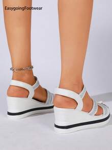 Women's White Plus Size Lightweight Wedge Sandals With Elastic Strap, Fashionable And Comfortable Valentines,Spring Summer Outfits - White - View 4