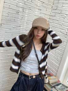 Women's Contrast Striped Knit Sweater, Autumn Fashion Elegant Slimming Short Cardigan (Random Stripes) - Brown - View 6