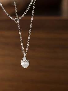 1pc Exquisite Women's Jewelry S925 Sterling Silver Niche Minimalist Same Style Necklace With Rhinestone Brushed Heart Pendant, Suitable For Daily Wear - #1 - View 5
