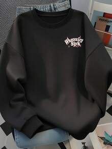Sweet Cool Style Pink Heart & Devil Horn Text Print Black Crew Neck Sweatshirt, Lazy Long Sleeve Autumn Top For Students - Black - View 3
