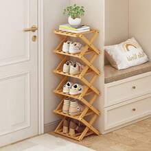 1pc Foldable Freestanding Narrow Bamboo Shoe Rack, Portable Space-Saving Shoe Tower, No Assembly Required, Suitable For Entryway, Hallway, Bedroom, Living Room Corner And Small Spaces - Ginger - View 13