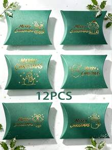 12PCS/Christmas Pillow Gift Boxes, Gold Foil Hot Stamping Xmas Treat Candy Boxes, 4.53*2.76 Inch Green Paper Favor Boxes, 6 Assorted Christmas Patterns For Party Small Gift Cookie Packaging - View 12