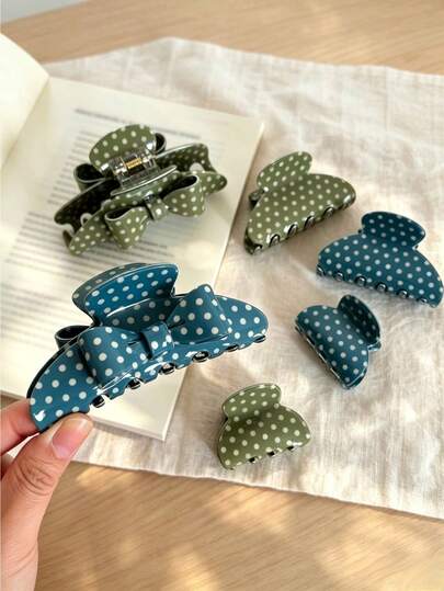 1pc Vintage Green Polka Dot Bow Hair Clip, Fashion Acrylic Strong Grip Hair Claw, Suitable For Girls Daily Party Hair Accessory