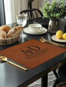 1pc Faux Linen Custom Name/Initials Printed Placemat, Vintage Brown Textured Letter & Slogan Print Heat-Resistant Table Mat, Home Tabletop Decor, Suitable For Housewarming, Wedding Anniversary, Family Gathering, Banquet Setup, Waterproof, Heat-Resistant, Easy To Clean, Exclusive Commemorative Gift For New Home And Newlyweds - Multicolor - View 6