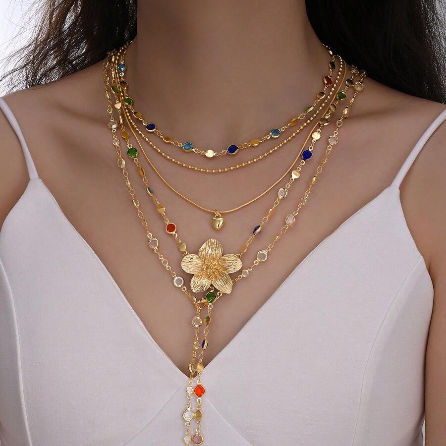 Exquisite Y-Shaped Colorful Diamond Flower Tassel Necklace, Luxury Multi-Layer 5-Piece Necklace Set - Gold - View 1