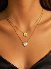 VceTd 1/2 piezas Conjunto de collar de acero inoxidable estilo romántico y lindo para mujer con diseño de colgante de margarita/corazón, adecuado para uso diario, citas, vacaciones o regalo - Amarillo Oro - Ver 3