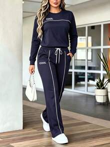 Women Autumn Casual Sports Contrast Striped Side Long Sleeve T-Shirt And Loose Wide Leg Pants Set,Back To School - Navy - View 6