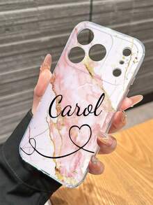 Light Pink Glitter Matte White Glossy Flower & Small Butterfly Black Border Customized Personalized Cursive Name Phone Case, Unique Pink Handwritten Soft Fairy Aesthetic Shockproof Protective Shell, Suitable For All Phone Models - Clear - View 6