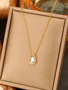 VceTd 1/2PCS Romantic Elegant Stainless Steel Women's Necklace Set With White Rice Bead Chain And Transparent Water Drop Pendant, Suitable For Daily Wear, Date, Or Holiday Gift - Yellow Gold - View 5