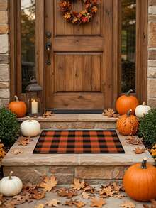 1PC Black & Orange Plaid Classic Pattern Entryway Doormat, Vintage Classic Style Crystal Velvet Rectangular Black & Orange Contrast Stripe Machine Washable Doormat, Suitable For Halloween Party, Entryway, Garden Decor - Multicolor - View 2