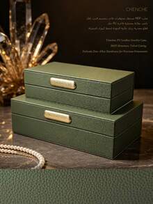 2pcs Set S & L Size Cream Litchi Grain PU Leather Jewelry Box With Lid, Gold Zinc Alloy Bar Handle, Velvet Lining Rectangular Organizer Box, Modern Luxury Vanity Bedroom Decor Holiday Gift - Power Orange - View 18