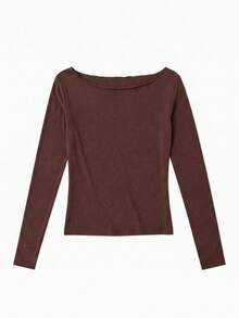 Autumn/Winter Solid Color Slim Fit Flattering Asymmetrical Shoulder Long Sleeve Elegant Knit Sweater - Brown - View 5