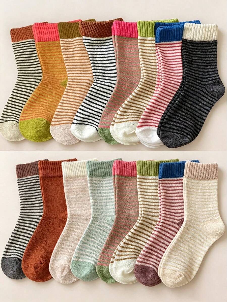 6 Pairs Of Random Women's Casual Striped Calf Socks In Multiple Colors, Retro Colored Long Socks For Comfort, Breathability, And Softness - Multicolor - View 1