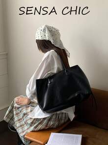 Solid Color Unadorned Oil Wax Crinkled Large Capacity Storage Zipper Closure Lazy High-End Shoulder Tote Bag Women's Daily Business Trip Commute Student Class Handbag Soft Leather Tote Bag - Black - View 7
