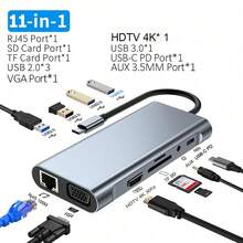 Hub USB C 11-in-1, Adaptor Mirror VGA 1080p ke HDTV 4K Tipe C 3.1, Port Jaringan RJ45 100mbps, Adaptor Daya, Stasiun Pengisian Daya, Pembaca Kartu SD/TF, Tipe-C 3.1, Kompatibel dengan Laptop, Pro, dan Perangkat USB-C DP-Alt Lainnya - View 3