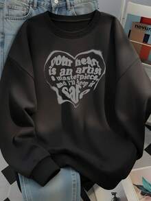 Sweet Cool Style Printed Heart Slogan Crew Neck Sweatshirt, Minimalist Black Slimming Loose Long Sleeve Pullover, Daily Commute Autumn Top - Black - View 3