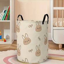1pc Cute Rabbit And Bow Print Round Laundry Basket, Suitable For Bedroom, Modern Minimalist Apartment, Living Room And Laundry Area. Perfect For Storing Dirty Clothes, Blankets And Miscellaneous Items, Ideal Home Decor - Multicolor - View 1