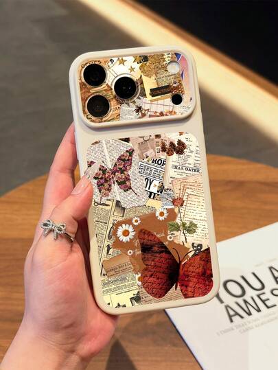 1pc Vintage Newspaper Collage Butterfly Daisy Large Window Phone Case, Nostalgic Old Newspaper Handwritten Letter Dried Flower Butterfly Daisy Collage Illustration, Beige Frame Raised Camera Lens Full Coverage Shockproof Matte Soft Shell, Suitable For Valentine's Day, Easter, Mother's Day, Thanksgiving, Christmas, New Year, Birthday, Back To School Multiple Occasions Gift Choice; Compatible With IPhone 17/17 Pro/17 Pro Max, Galaxy Cases