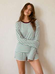 New Long Sleeve Shorts Striped Crew Neck Casual Fashion Home Sleepwear Set - Multicolor - View 5