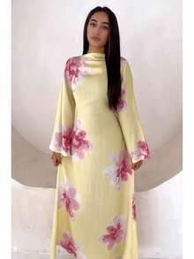 European And Middle Eastern Style Pure American Print Dress, Cinched Waist Allover Print Long Skirt With Leaf And Floral Pattern, Boho Fall Yellow - Yellow - View 7