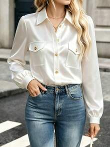 Women's Autumn Solid Color Satin Front Button Pocket Office Blouse White - White - View 2