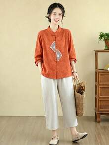 Women's Chinese Style Embroidered Frog Button Jacquard Linen Shirt, Stand Collar Rolled Sleeve 3/4 Sleeve Loose Fit Blouse - Orange - View 9