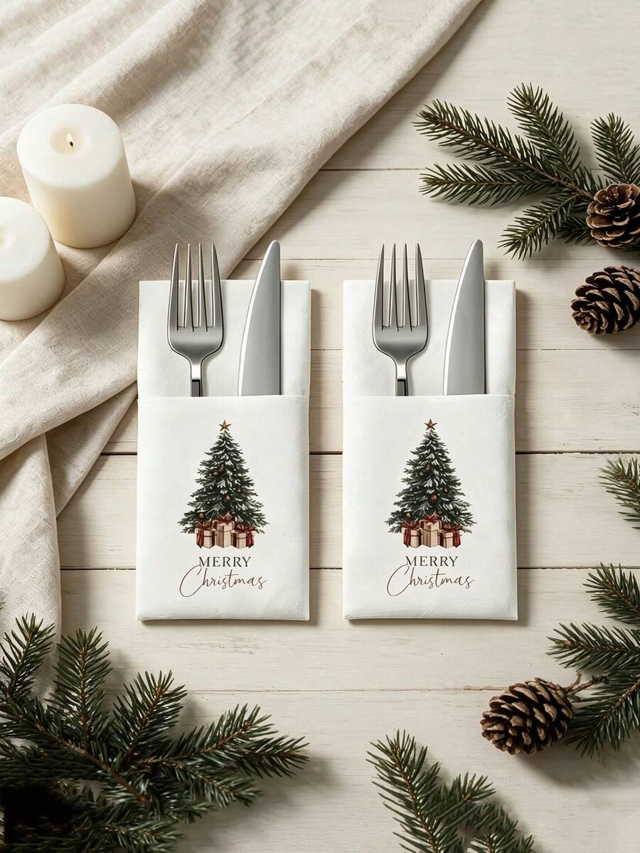 6pcs New Christmas Knife & Fork Decorative Napkins, Christmas Dinner Table Decor Napkins, Christmas Home Decor Napkins, Holiday Atmosphere Decoration, Christmas - Floral Napkin Ring - View 1