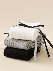 2/3 Pairs Random Black & White Back Bow Ruched Knee-High Socks For Women - Black and White - View 8