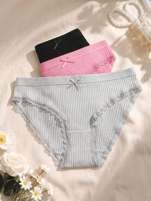 3pcs Solid Color Cotton Women's Underwear, Bow Lace Patchwork Ribbed Hipster Briefs, Comfortable Ladies Panties - Multicolor - View 3